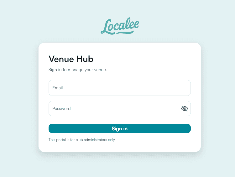 Localee Venue Hub sign in screen